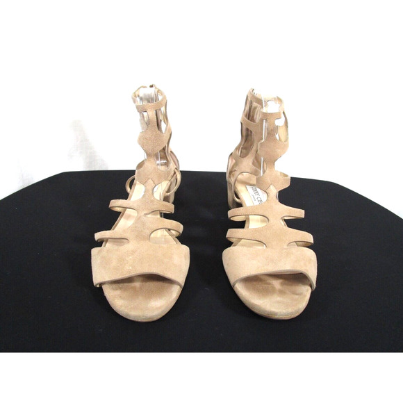 Jimmy Choo Ren 35 Beige Suede Caged Low Heel Sandals Women Sz 40.5 EU/10 US - Picture 2 of 12